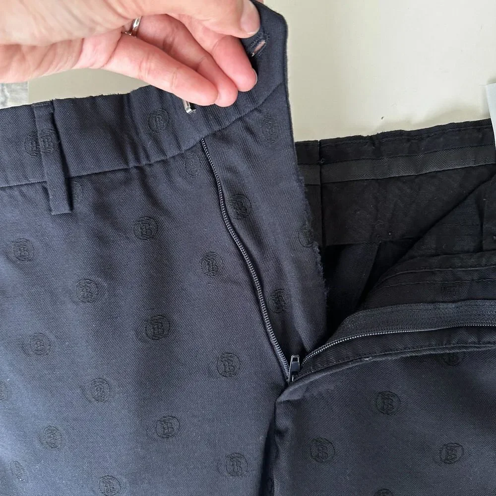 Burberry London Trousers Mens 30 x 28 Wool Monogram Embroidered‎ Jacquard Navy